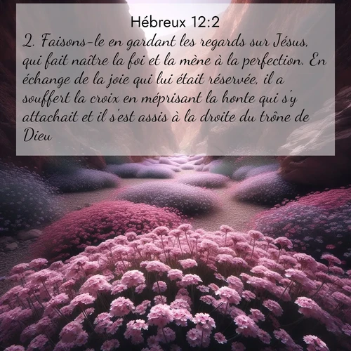 Segond21 Hébreux  ; image nature: image avec le verset biblique :Faisons-le en gardant les regards sur Jésus, qui fait naître la foi et la mène à la perfection. En échange de la joie qui lui était réservée, il a souffert la croix en méprisant la honte qui s&#039;y attachait et il s&#039;est assis à la droite du trône de Dieu. ;  ; 12:2
