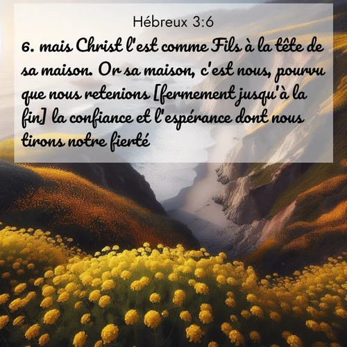 Segond21 Hébreux  ; image nature: image avec le verset biblique :mais Christ l&#039;est comme Fils à la tête de sa maison. Or sa maison, c&#039;est nous, pourvu que nous retenions [fermement jusqu&#039;à la fin] la confiance et l&#039;espérance dont nous tirons notre fierté. ;  ; 3:6