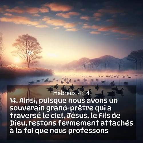 Segond21 Hébreux  ; image nature: image avec le verset biblique :Ainsi, puisque nous avons un souverain grand-prêtre qui a traversé le ciel, Jésus, le Fils de Dieu, restons fermement attachés à la foi que nous professons. ;  ; 4:14