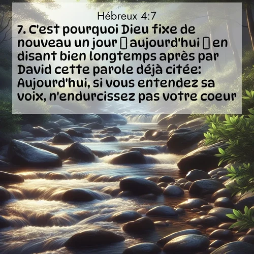 Segond21 Hébreux  ; image nature: image avec le verset biblique :C&#039;est pourquoi Dieu fixe de nouveau un jour  aujourd&#039;hui  en disant bien longtemps après par David cette parole déjà citée: Aujourd&#039;hui, si vous entendez sa voix, n&#039;endurcissez pas votre coeur. ;  ; 4:7