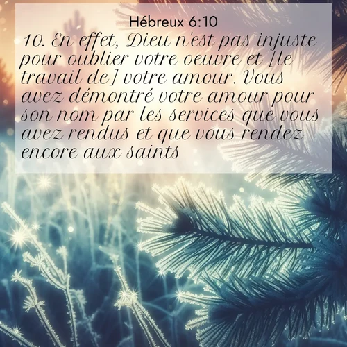 Segond21 Hébreux  ; image nature: image avec le verset biblique :En effet, Dieu n&#039;est pas injuste pour oublier votre oeuvre et [le travail de] votre amour. Vous avez démontré votre amour pour son nom par les services que vous avez rendus et que vous rendez encore aux saints, ;  ; 6:10