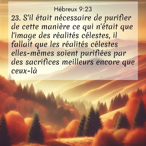 Segond21 Hébreux  ; image nature: image avec le verset biblique :S&#039;il était nécessaire de purifier de cette manière ce qui n&#039;était que l&#039;image des réalités célestes, il fallait que les réalités célestes elles-mêmes soient purifiées par des sacrifices meilleurs encore que ceux-là. ;  ; 9:23