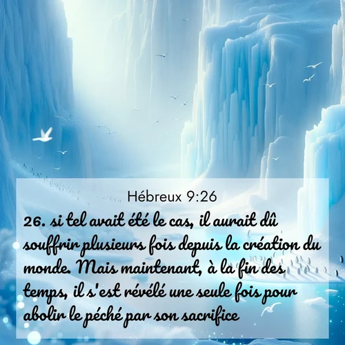 Segond21 Hébreux  ; image nature: image avec le verset biblique :si tel avait été le cas, il aurait dû souffrir plusieurs fois depuis la création du monde. Mais maintenant, à la fin des temps, il s&#039;est révélé une seule fois pour abolir le péché par son sacrifice. ;  ; 9:26