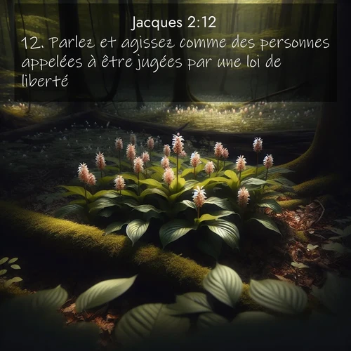 Segond21 Jacques  ; image nature: image avec le verset biblique :Parlez et agissez comme des personnes appelées à être jugées par une loi de liberté, ;  ; 2:12