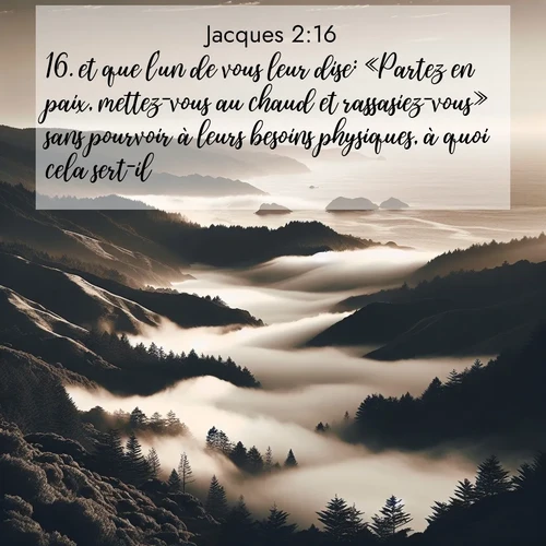 Segond21 Jacques  ; image nature: image avec le verset biblique :et que l&#039;un de vous leur dise: «Partez en paix, mettez-vous au chaud et rassasiez-vous» sans pourvoir à leurs besoins physiques, à quoi cela sert-il? ;  ; 2:16