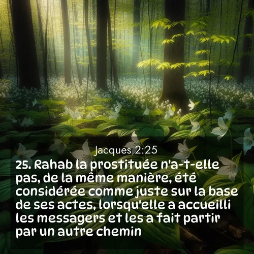 Segond21 Jacques  ; image nature: image avec le verset biblique :Rahab la prostituée n&#039;a-t-elle pas, de la même manière, été considérée comme juste sur la base de ses actes, lorsqu&#039;elle a accueilli les messagers et les a fait partir par un autre chemin? ;  ; 2:25