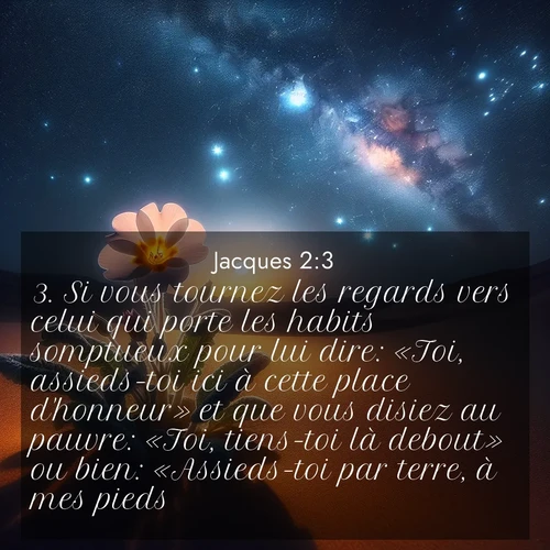 Segond21 Jacques  ; image nature: image avec le verset biblique :Si vous tournez les regards vers celui qui porte les habits somptueux pour lui dire: «Toi, assieds-toi ici à cette place d&#039;honneur» et que vous disiez au pauvre: «Toi, tiens-toi là debout» ou bien: «Assieds-toi par terre, à mes pieds», ;  ; 2:3