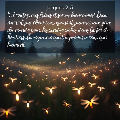 Segond21 Jacques  ; image nature: image avec le verset biblique :Ecoutez, mes frères et soeurs bien-aimés: Dieu n&#039;a-t-il pas choisi ceux qui sont pauvres aux yeux du monde pour les rendre riches dans la foi et héritiers du royaume qu&#039;il a promis à ceux qui l&#039;aiment? ;  ; 2:5