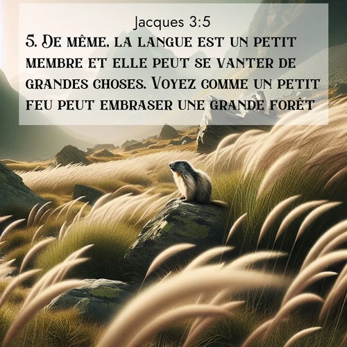 Segond21 Jacques  ; image nature: image avec le verset biblique :De même, la langue est un petit membre et elle peut se vanter de grandes choses. Voyez comme un petit feu peut embraser une grande forêt! ;  ; 3:5