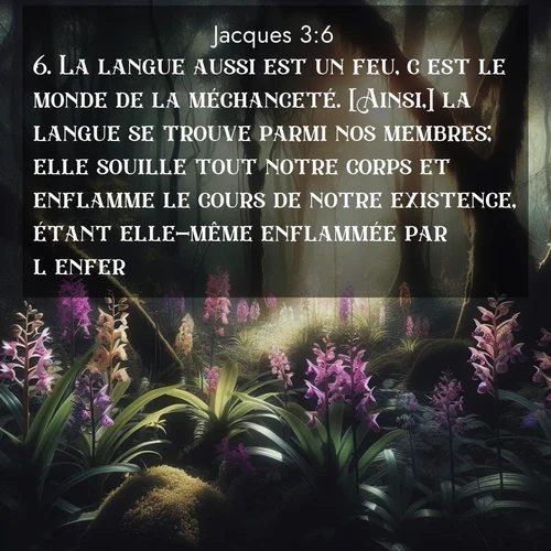Segond21 Jacques  ; image nature: image avec le verset biblique :La langue aussi est un feu, c&#039;est le monde de la méchanceté. [Ainsi,] la langue se trouve parmi nos membres; elle souille tout notre corps et enflamme le cours de notre existence, étant elle-même enflammée par l&#039;enfer. ;  ; 3:6