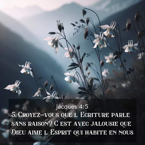 Segond21 Jacques  ; image nature: image avec le verset biblique :Croyez-vous que l&#039;Ecriture parle sans raison? C&#039;est avec jalousie que Dieu aime l&#039;Esprit qui habite en nous. ;  ; 4:5