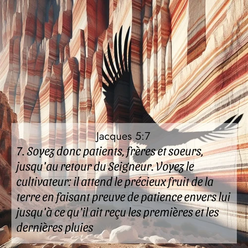 Segond21 Jacques  ; image nature: image avec le verset biblique :Soyez donc patients, frères et soeurs, jusqu&#039;au retour du Seigneur. Voyez le cultivateur: il attend le précieux fruit de la terre en faisant preuve de patience envers lui jusqu&#039;à ce qu&#039;il ait reçu les premières et les dernières pluies. ;  ; 5:7