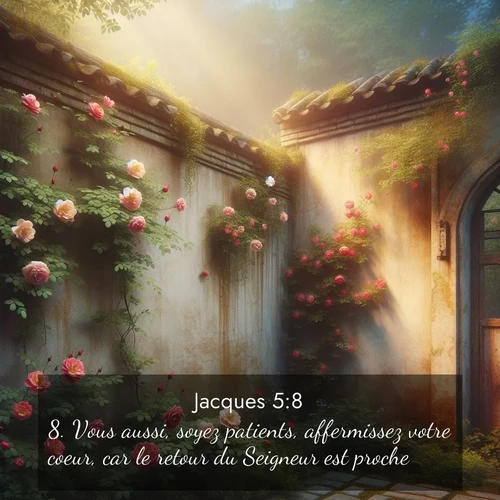 Segond21 Jacques  ; image nature: image avec le verset biblique :Vous aussi, soyez patients, affermissez votre coeur, car le retour du Seigneur est proche. ;  ; 5:8