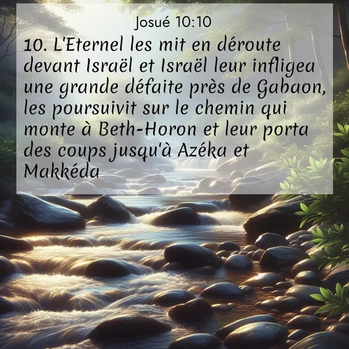 Segond21 Josué  ; image nature: image avec le verset biblique :L&#039;Eternel les mit en déroute devant Israël et Israël leur infligea une grande défaite près de Gabaon, les poursuivit sur le chemin qui monte à Beth-Horon et leur porta des coups jusqu&#039;à Azéka et Makkéda. ;  ; 10:10