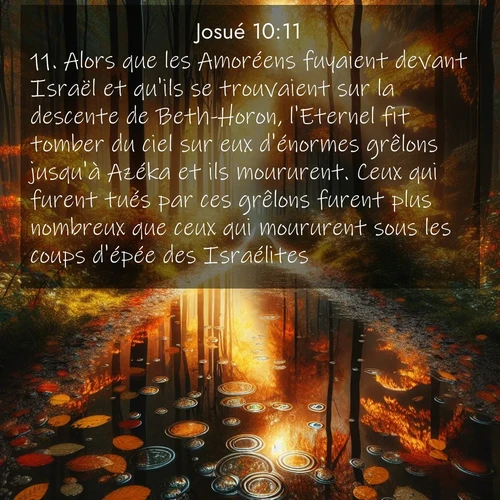 Segond21 Josué  ; image nature: image avec le verset biblique :Alors que les Amoréens fuyaient devant Israël et qu&#039;ils se trouvaient sur la descente de Beth-Horon, l&#039;Eternel fit tomber du ciel sur eux d&#039;énormes grêlons jusqu&#039;à Azéka et ils moururent. Ceux qui furent tués par ces grêlons furent plus nombreux que ceux qui moururent sous les coups d&#039;épée des Israélites. ;  ; 10:11