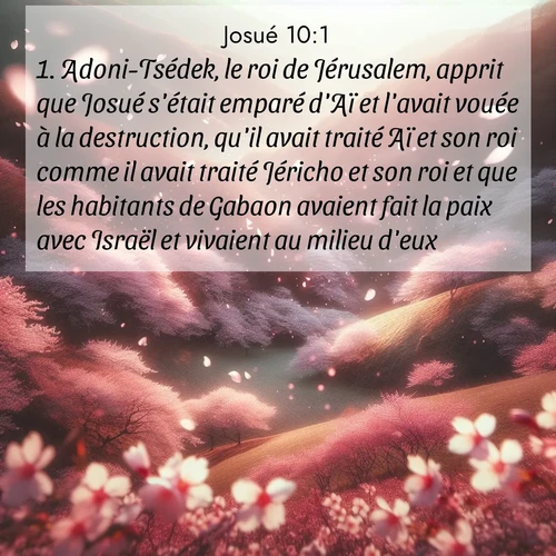 Segond21 Josué  ; image nature: image avec le verset biblique :Adoni-Tsédek, le roi de Jérusalem, apprit que Josué s&#039;était emparé d&#039;Aï et l&#039;avait vouée à la destruction, qu&#039;il avait traité Aï et son roi comme il avait traité Jéricho et son roi et que les habitants de Gabaon avaient fait la paix avec Israël et vivaient au milieu d&#039;eux. ;  ; 10:1