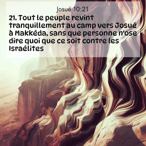Segond21 Josué  ; image nature: image avec le verset biblique :Tout le peuple revint tranquillement au camp vers Josué à Makkéda, sans que personne n&#039;ose dire quoi que ce soit contre les Israélites. ;  ; 10:21