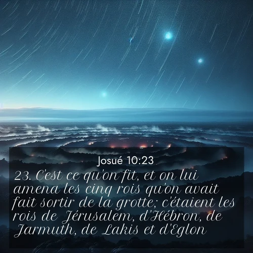 Segond21 Josué  ; image nature: image avec le verset biblique :C&#039;est ce qu&#039;on fit, et on lui amena les cinq rois qu&#039;on avait fait sortir de la grotte; c&#039;étaient les rois de Jérusalem, d&#039;Hébron, de Jarmuth, de Lakis et d&#039;Eglon. ;  ; 10:23