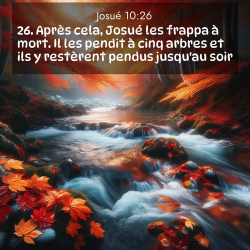 Segond21 Josué  ; image nature: image avec le verset biblique :Après cela, Josué les frappa à mort. Il les pendit à cinq arbres et ils y restèrent pendus jusqu&#039;au soir. ;  ; 10:26