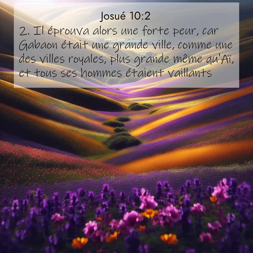 Segond21 Josué  ; image nature: image avec le verset biblique :Il éprouva alors une forte peur, car Gabaon était une grande ville, comme une des villes royales, plus grande même qu&#039;Aï, et tous ses hommes étaient vaillants. ;  ; 10:2