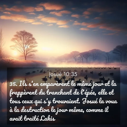 Segond21 Josué  ; image nature: image avec le verset biblique :Ils s&#039;en emparèrent le même jour et la frappèrent du tranchant de l&#039;épée, elle et tous ceux qui s&#039;y trouvaient. Josué la voua à la destruction le jour même, comme il avait traité Lakis. ;  ; 10:35