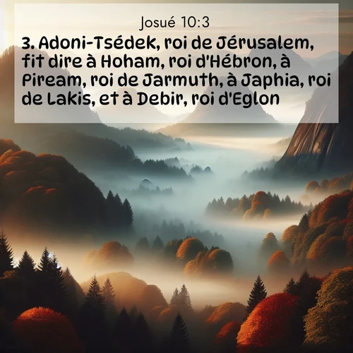 Segond21 Josué  ; image nature: image avec le verset biblique :Adoni-Tsédek, roi de Jérusalem, fit dire à Hoham, roi d&#039;Hébron, à Piream, roi de Jarmuth, à Japhia, roi de Lakis, et à Debir, roi d&#039;Eglon: ;  ; 10:3