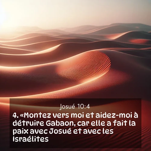 Segond21 Josué  ; image nature: image avec le verset biblique :«Montez vers moi et aidez-moi à détruire Gabaon, car elle a fait la paix avec Josué et avec les Israélites.» ;  ; 10:4