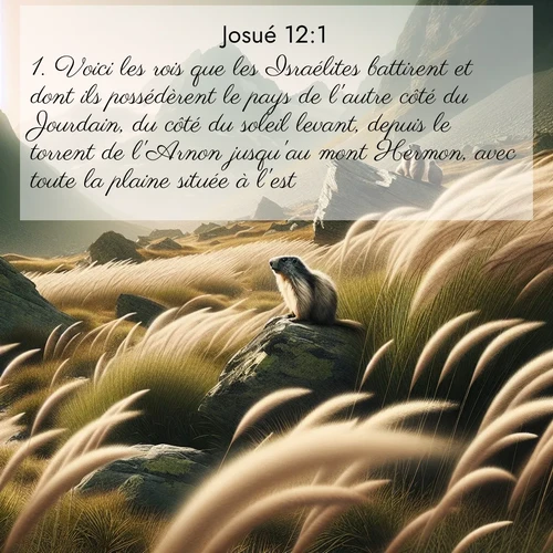 Segond21 Josué  ; image nature: image avec le verset biblique :Voici les rois que les Israélites battirent et dont ils possédèrent le pays de l&#039;autre côté du Jourdain, du côté du soleil levant, depuis le torrent de l&#039;Arnon jusqu&#039;au mont Hermon, avec toute la plaine située à l&#039;est. ;  ; 12:1