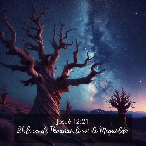 Segond21 Josué  ; image nature: image avec le verset biblique :le roi de Thaanac, le roi de Meguiddo, ;  ; 12:21