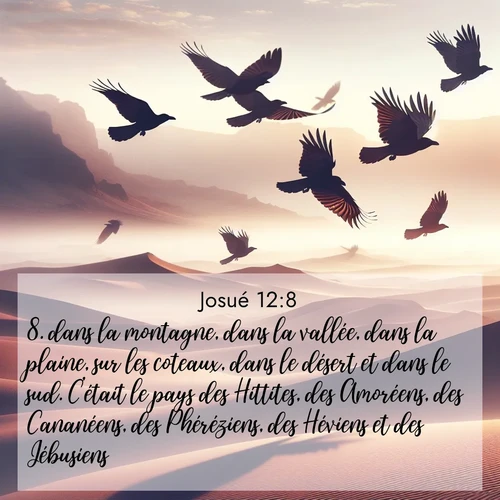 Segond21 Josué  ; image nature: image avec le verset biblique :dans la montagne, dans la vallée, dans la plaine, sur les coteaux, dans le désert et dans le sud. C&#039;était le pays des Hittites, des Amoréens, des Cananéens, des Phéréziens, des Héviens et des Jébusiens. ;  ; 12:8