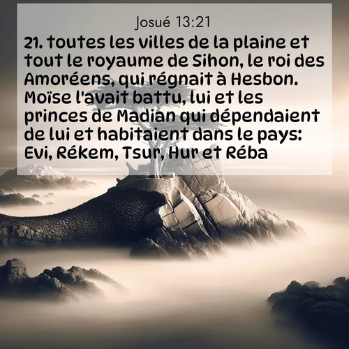 Segond21 Josué  ; image nature: image avec le verset biblique :toutes les villes de la plaine et tout le royaume de Sihon, le roi des Amoréens, qui régnait à Hesbon. Moïse l&#039;avait battu, lui et les princes de Madian qui dépendaient de lui et habitaient dans le pays: Evi, Rékem, Tsur, Hur et Réba. ;  ; 13:21