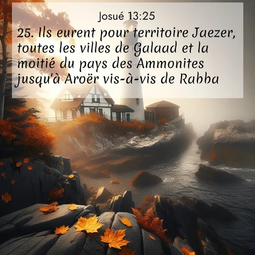 Segond21 Josué  ; image nature: image avec le verset biblique :Ils eurent pour territoire Jaezer, toutes les villes de Galaad et la moitié du pays des Ammonites jusqu&#039;à Aroër vis-à-vis de Rabba. ;  ; 13:25