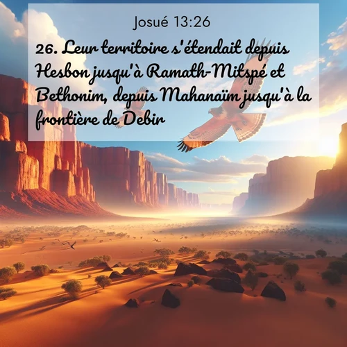 Segond21 Josué  ; image nature: image avec le verset biblique :Leur territoire s&#039;étendait depuis Hesbon jusqu&#039;à Ramath-Mitspé et Bethonim, depuis Mahanaïm jusqu&#039;à la frontière de Debir, ;  ; 13:26