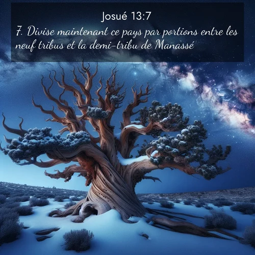 Segond21 Josué  ; image nature: image avec le verset biblique :Divise maintenant ce pays par portions entre les neuf tribus et la demi-tribu de Manassé.» ;  ; 13:7