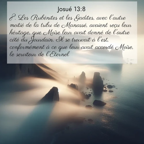Segond21 Josué  ; image nature: image avec le verset biblique :Les Rubénites et les Gadites, avec l&#039;autre moitié de la tribu de Manassé, avaient reçu leur héritage, que Moïse leur avait donné de l&#039;autre côté du Jourdain. Il se trouvait à l&#039;est, conformément à ce que leur avait accordé Moïse, le serviteur de l&#039;Eternel. ;  ; 13:8