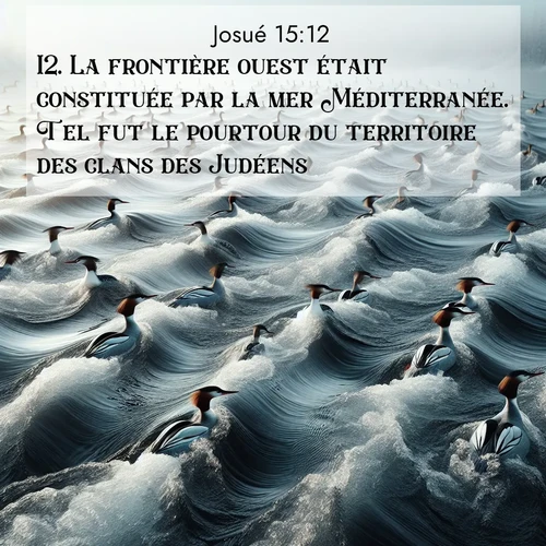 Segond21 Josué  ; image nature: image avec le verset biblique :La frontière ouest était constituée par la mer Méditerranée. Tel fut le pourtour du territoire des clans des Judéens. ;  ; 15:12