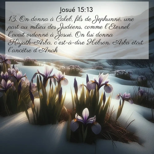 Segond21 Josué  ; image nature: image avec le verset biblique :On donna à Caleb, fils de Jephunné, une part au milieu des Judéens, comme l&#039;Eternel l&#039;avait ordonné à Josué. On lui donna Kirjath-Arba, c&#039;est-à-dire Hébron. Arba était l&#039;ancêtre d&#039;Anak. ;  ; 15:13