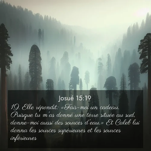 Segond21 Josué  ; image nature: image avec le verset biblique :Elle répondit: «Fais-moi un cadeau. Puisque tu m&#039;as donné une terre située au sud, donne-moi aussi des sources d&#039;eau.» Et Caleb lui donna les sources supérieures et les sources inférieures. ;  ; 15:19