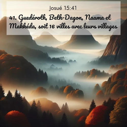 Segond21 Josué  ; image nature: image avec le verset biblique :Guedéroth, Beth-Dagon, Naama et Makkéda, soit 16 villes avec leurs villages. ;  ; 15:41