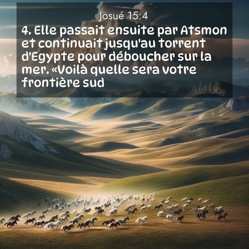 Segond21 Josué  ; image nature: image avec le verset biblique :Elle passait ensuite par Atsmon et continuait jusqu&#039;au torrent d&#039;Egypte pour déboucher sur la mer. «Voilà quelle sera votre frontière sud.» ;  ; 15:4