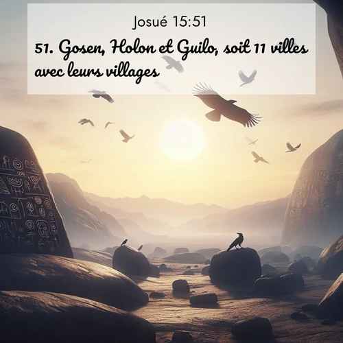 Segond21 Josué  ; image nature: image avec le verset biblique :Gosen, Holon et Guilo, soit 11 villes avec leurs villages. ;  ; 15:51