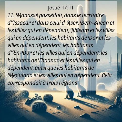 Segond21 Josué  ; image nature: image avec le verset biblique :Manassé possédait, dans le territoire d&#039;Issacar et dans celui d&#039;Aser, Beth-Shean et les villes qui en dépendent, Jibleam et les villes qui en dépendent, les habitants de Dor et les villes qui en dépendent, les habitants d&#039;En-Dor et les villes qui en dépendent, les habitants de Thaanac et les villes qui en dépendent, ainsi que les habitants de Meguiddo et les villes qui en dépendent. Cela correspondait à trois régions. ;  ; 17:11