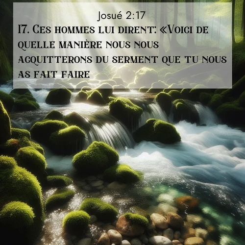 Segond21 Josué  ; image nature: image avec le verset biblique :Ces hommes lui dirent: «Voici de quelle manière nous nous acquitterons du serment que tu nous as fait faire. ;  ; 2:17