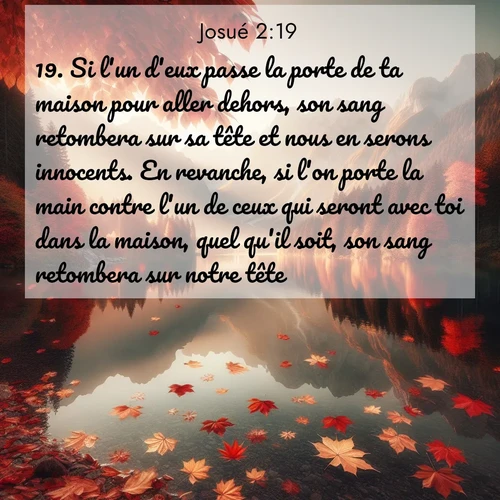 Segond21 Josué  ; image nature: image avec le verset biblique :Si l&#039;un d&#039;eux passe la porte de ta maison pour aller dehors, son sang retombera sur sa tête et nous en serons innocents. En revanche, si l&#039;on porte la main contre l&#039;un de ceux qui seront avec toi dans la maison, quel qu&#039;il soit, son sang retombera sur notre tête. ;  ; 2:19
