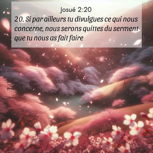 Segond21 Josué  ; image nature: image avec le verset biblique :Si par ailleurs tu divulgues ce qui nous concerne, nous serons quittes du serment que tu nous as fait faire.» ;  ; 2:20