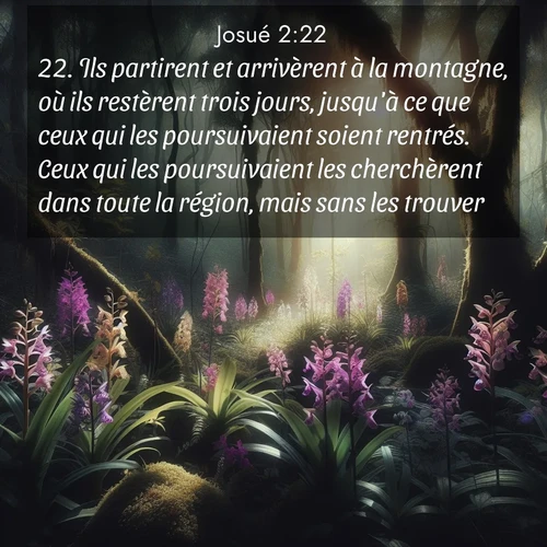 Segond21 Josué  ; image nature: image avec le verset biblique :Ils partirent et arrivèrent à la montagne, où ils restèrent trois jours, jusqu&#039;à ce que ceux qui les poursuivaient soient rentrés. Ceux qui les poursuivaient les cherchèrent dans toute la région, mais sans les trouver. ;  ; 2:22