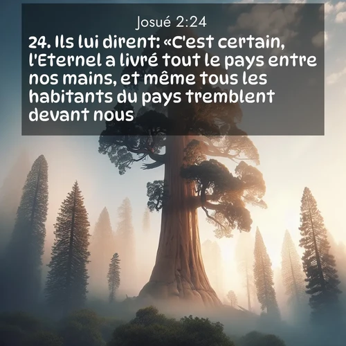 Segond21 Josué  ; image nature: image avec le verset biblique :Ils lui dirent: «C&#039;est certain, l&#039;Eternel a livré tout le pays entre nos mains, et même tous les habitants du pays tremblent devant nous.» ;  ; 2:24