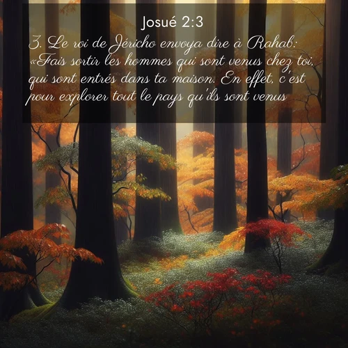 Segond21 Josué  ; image nature: image avec le verset biblique :Le roi de Jéricho envoya dire à Rahab: «Fais sortir les hommes qui sont venus chez toi, qui sont entrés dans ta maison. En effet, c&#039;est pour explorer tout le pays qu&#039;ils sont venus.» ;  ; 2:3