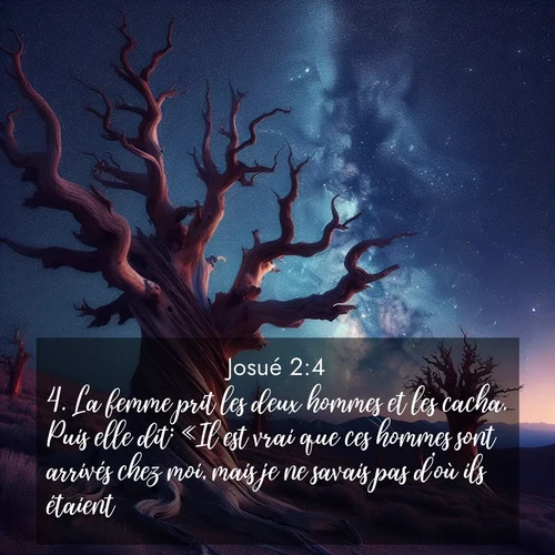 Segond21 Josué  ; image nature: image avec le verset biblique :La femme prit les deux hommes et les cacha. Puis elle dit: «Il est vrai que ces hommes sont arrivés chez moi, mais je ne savais pas d&#039;où ils étaient ;  ; 2:4