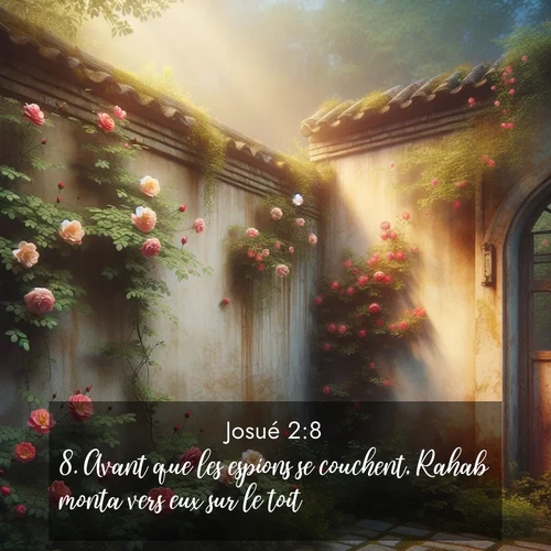 Segond21 Josué  ; image nature: image avec le verset biblique :Avant que les espions se couchent, Rahab monta vers eux sur le toit ;  ; 2:8